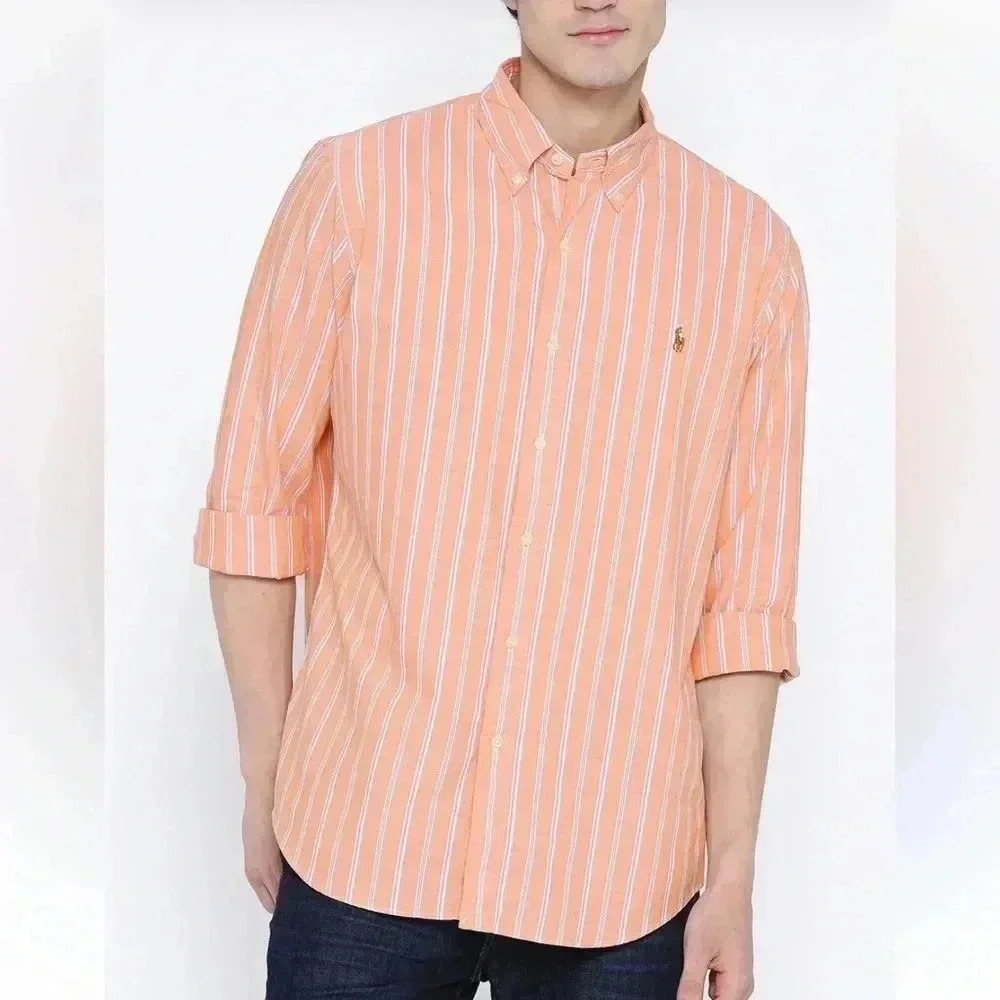 Ralph Lauren men's Longsleeve button up Polo orange striped Size 17 /34-35